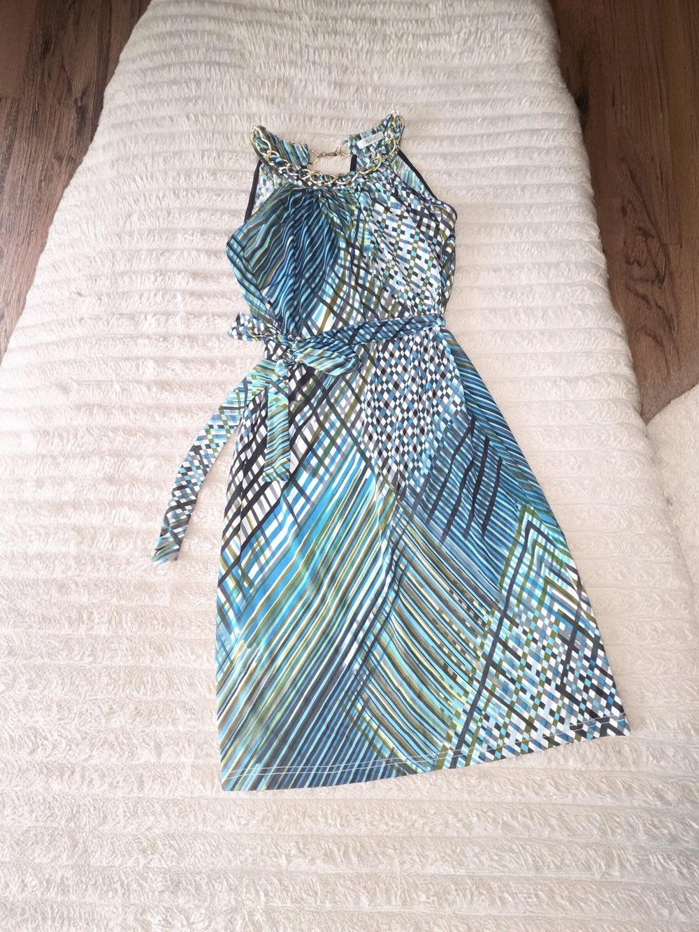 Sleeveless Blue Patterned Halter Dress with Chain Accent, S